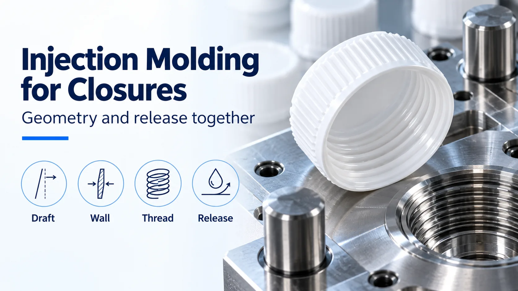White screw closure on mold steel beside draft, wall, thread and release labels