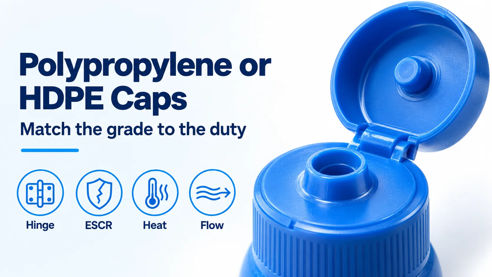 Open unbranded flip-top cap beside hinge, ESCR, heat and flow labels