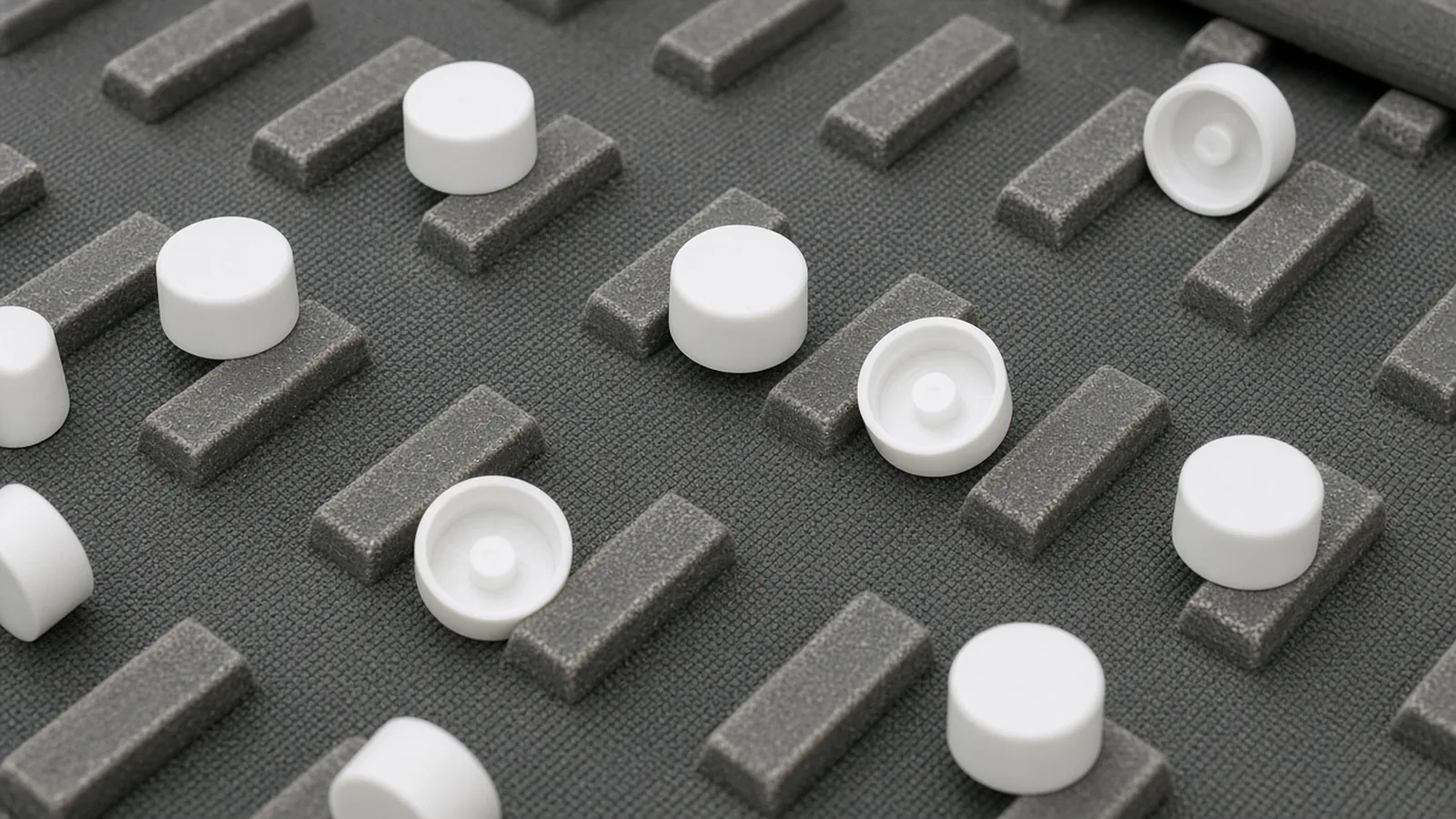 White disc top caps lying in different orientations on a cleated belt